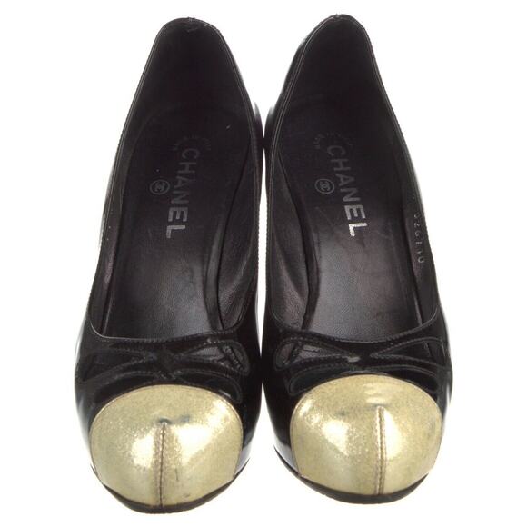Authentic Chanel Black Cream Gray Patent Leather Platform Pumps Sz EU 38.5 US 8 - Picture 4 of 13